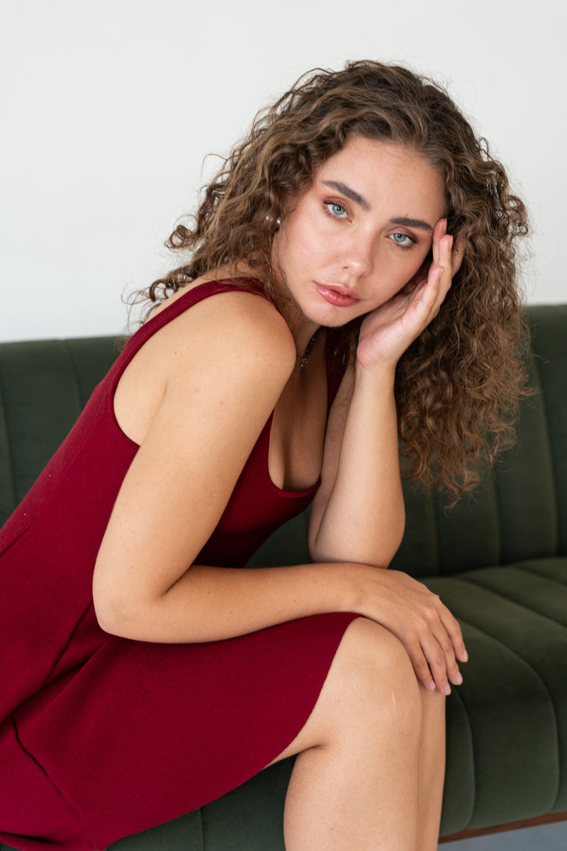 Sleeveless A-Line Knit Mini Dress Burgundy