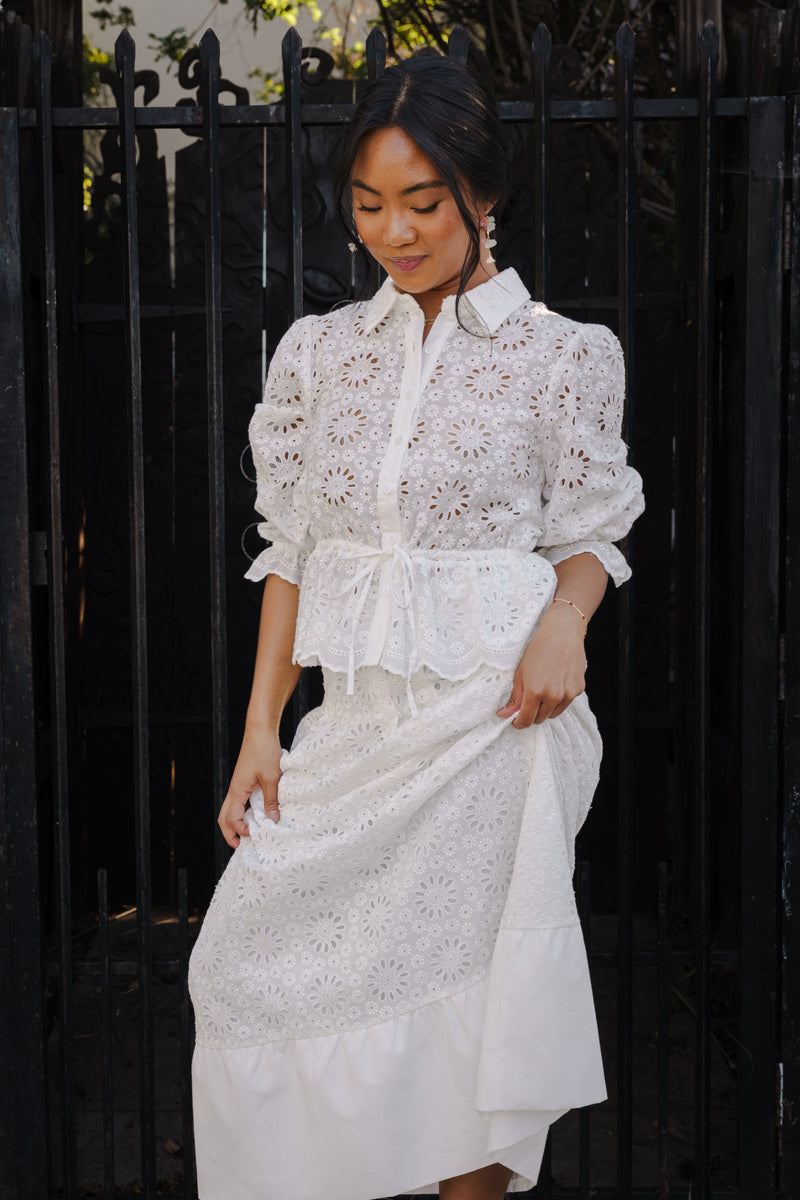 Waitlist 1/31 • Hadley Long Sleeve Button Down Eyelet Peplum Top White –  Miss Match Group Inc