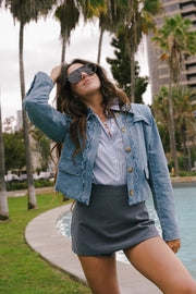 Long Sleeve Scallop Denim Jacket Medium Wash