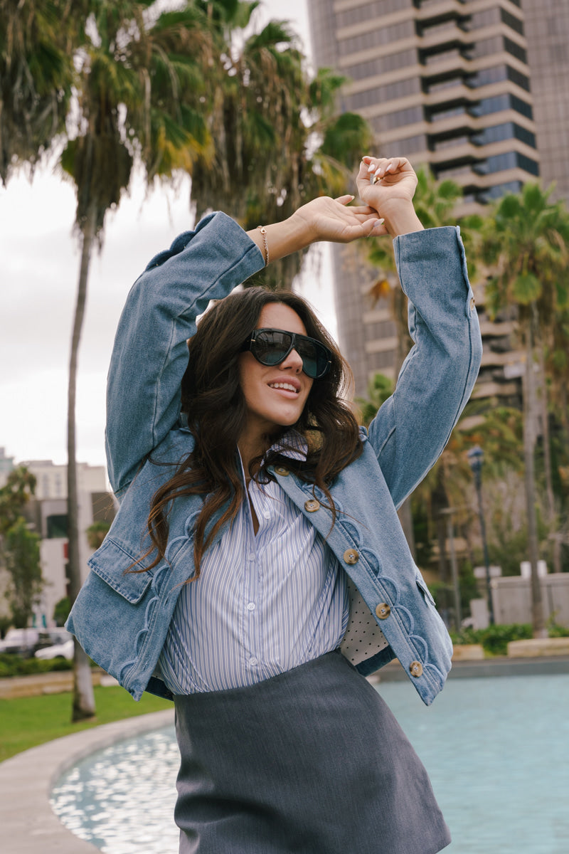 Seraphine Long Sleeve Scallop Denim Jacket Medium Wash