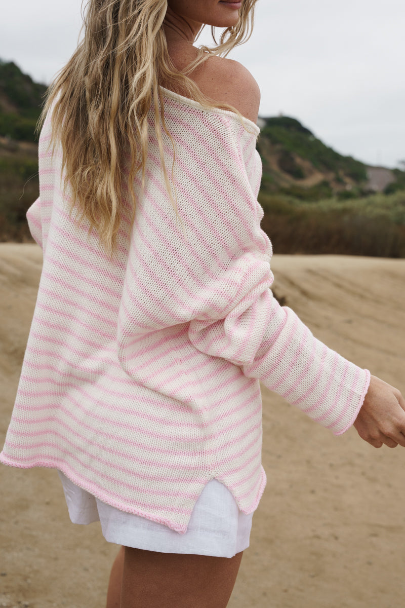 Long Sleeve Stripe Print Knit Top Pink