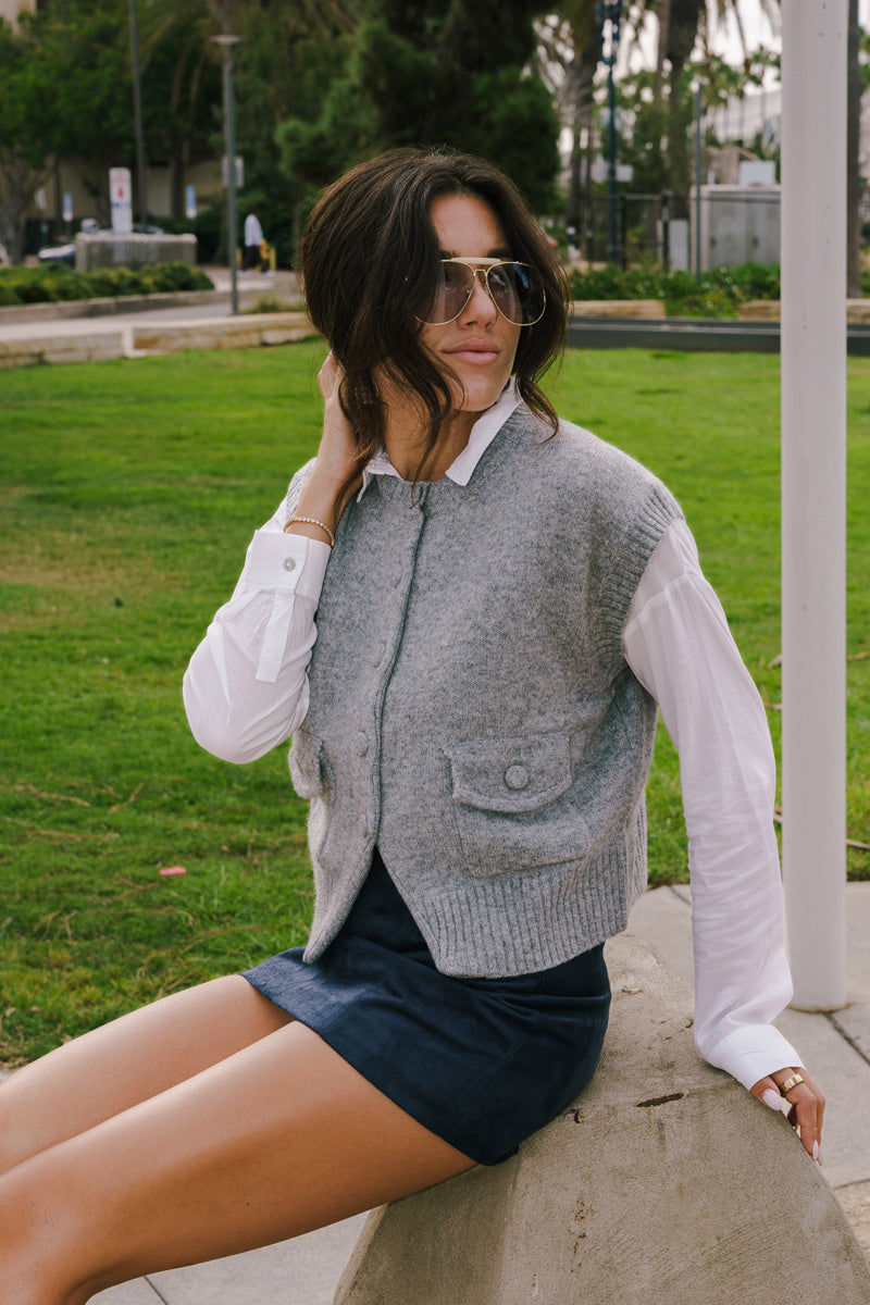 Franny Sleeveless Button Down Knit Sweater Vest Grey