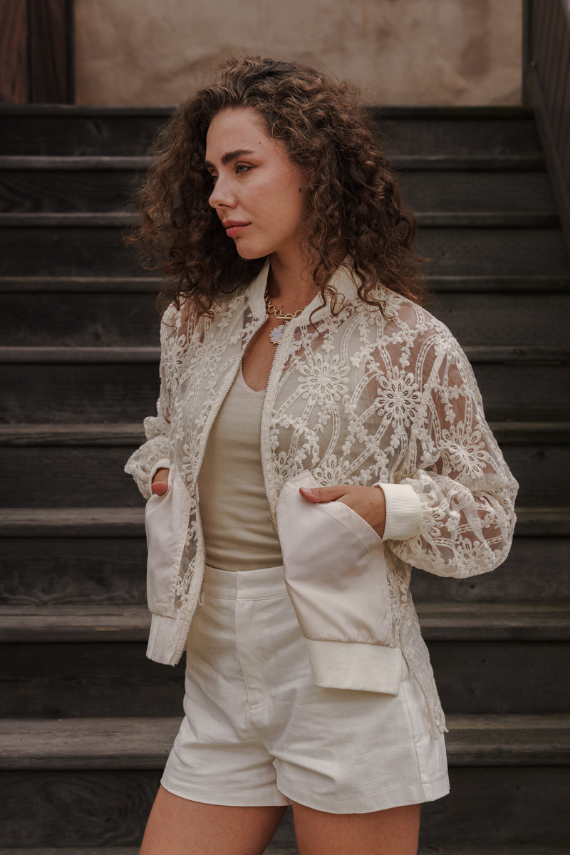 Long Sleeve Floral Lace Bomber Jacket Cream