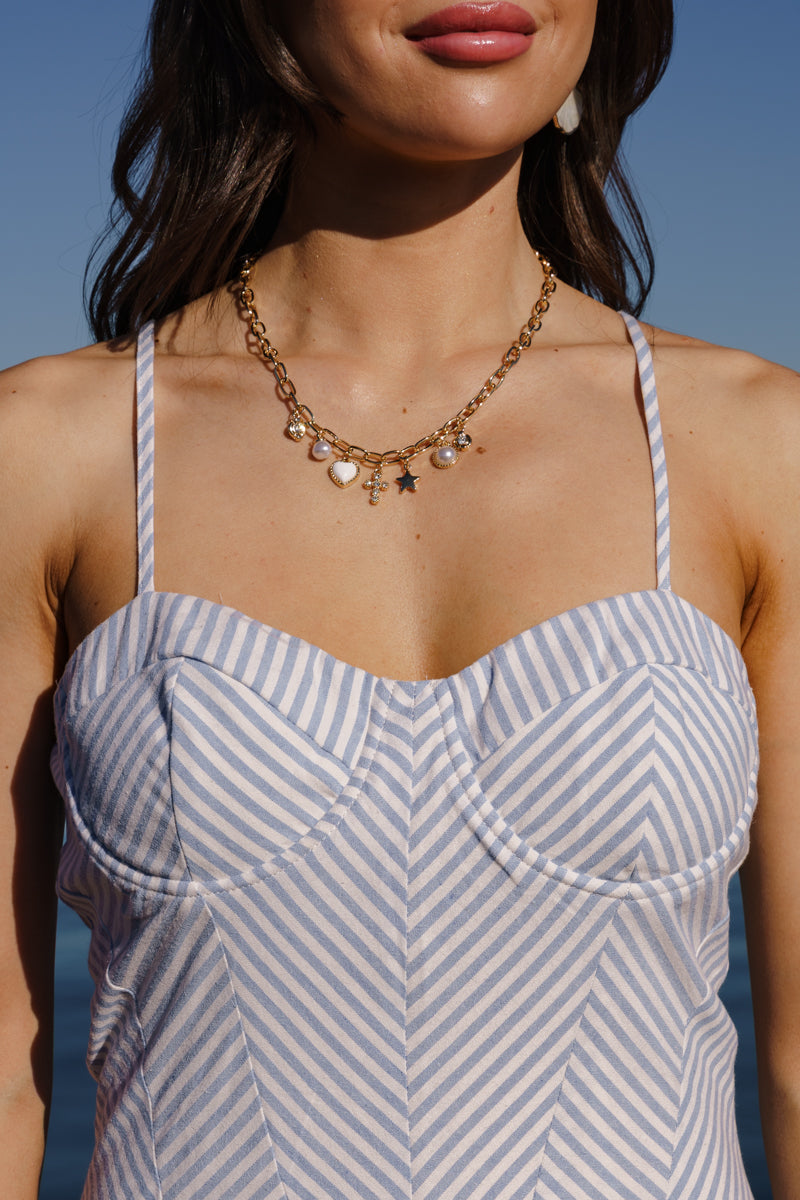 Sleeveless Stripe Print Maxi Dress Blue