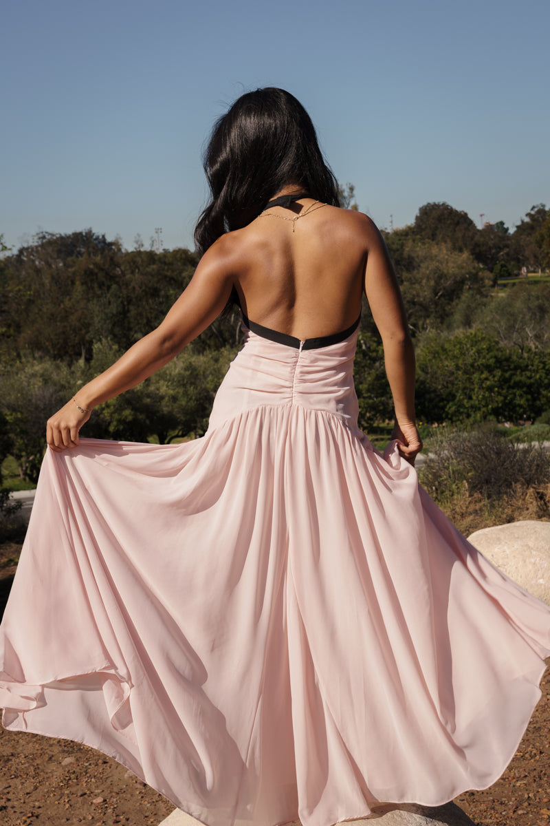 Sleeveless Halter Contrast Ribbon Maxi Dress Coral