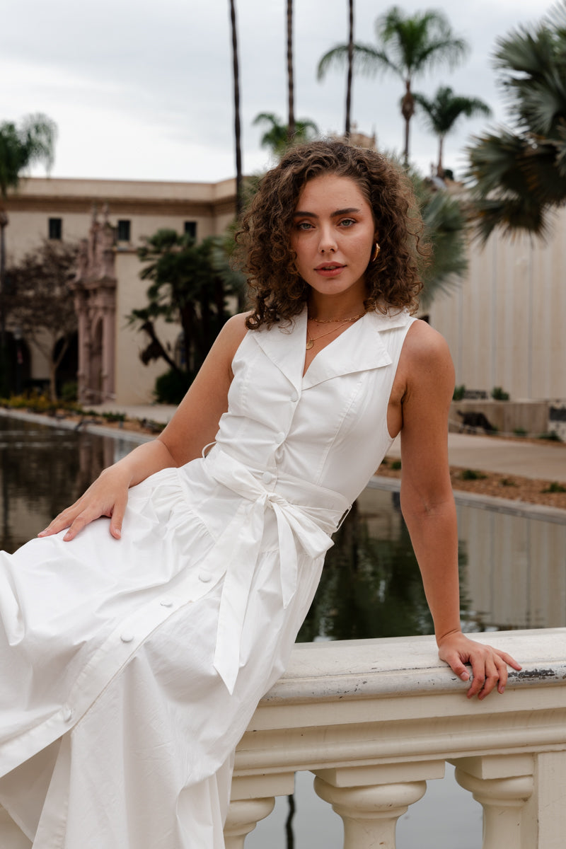 Sleeveless Waist Tie Button Front Midi Dress White