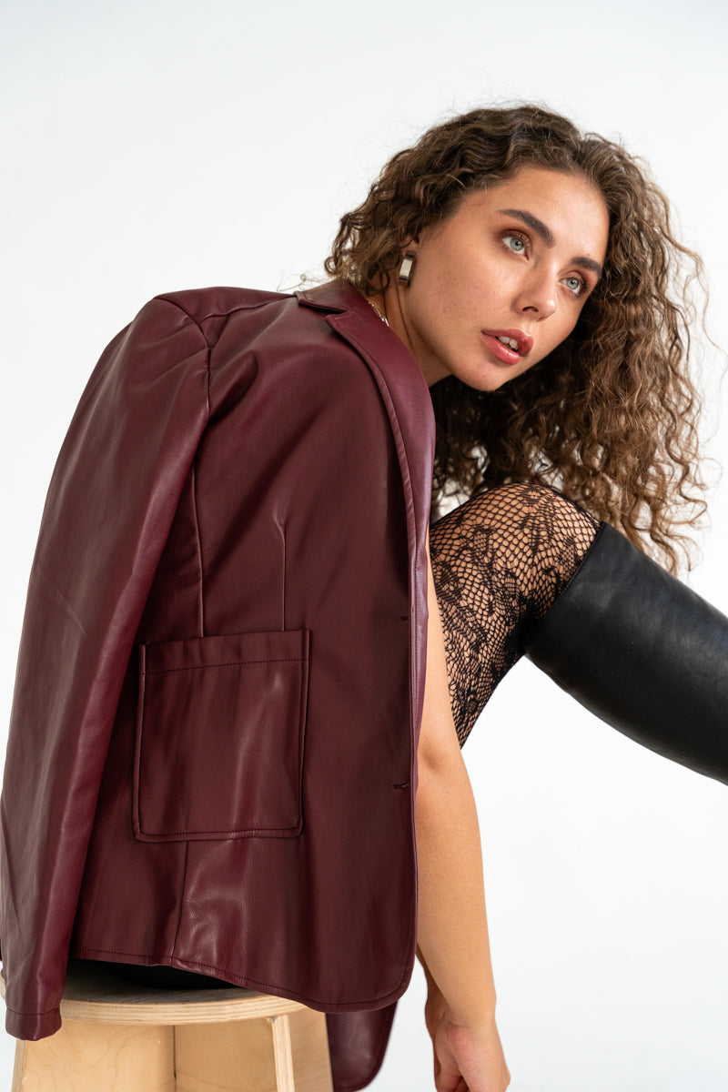 Long Sleeve Vegan Leather Jacket Burgundy