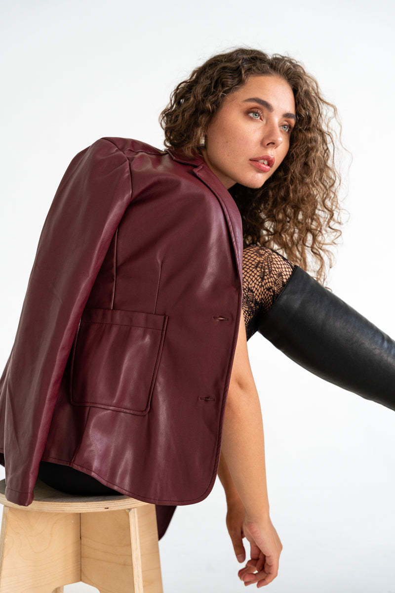 Long Sleeve Vegan Leather Jacket Burgundy