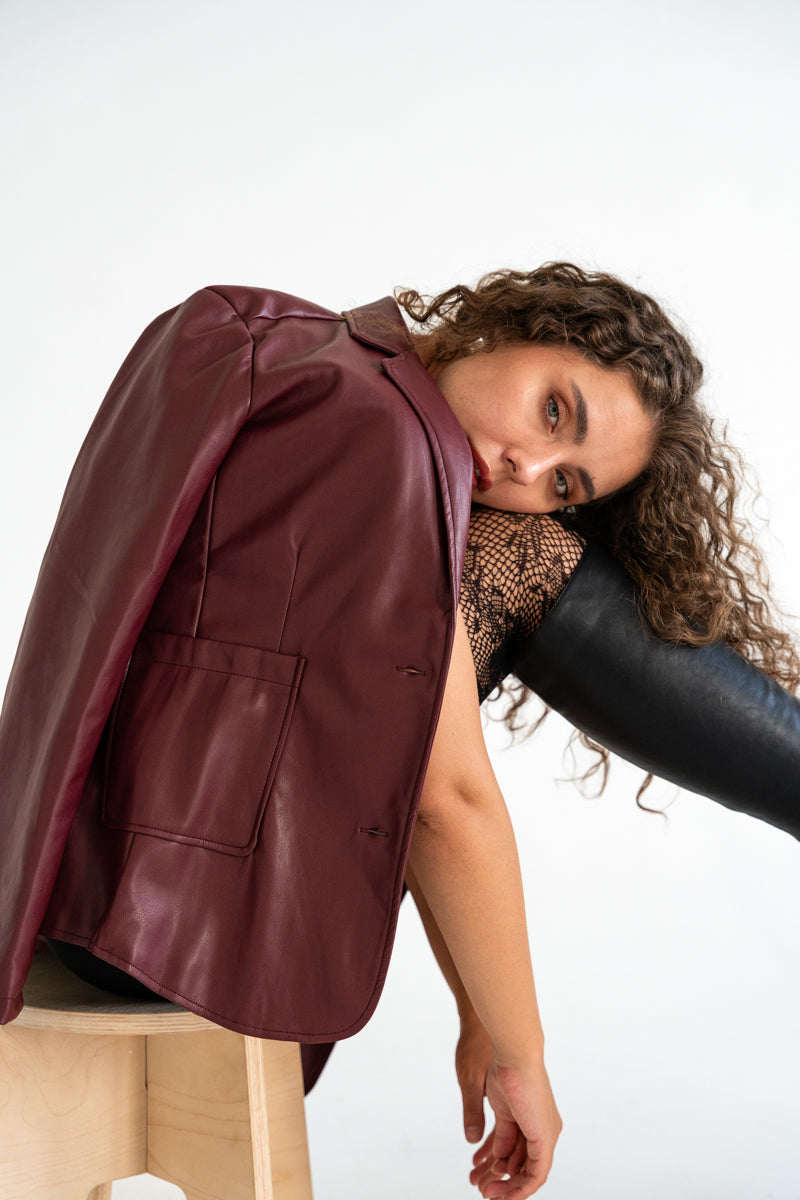Long Sleeve Vegan Leather Jacket Burgundy