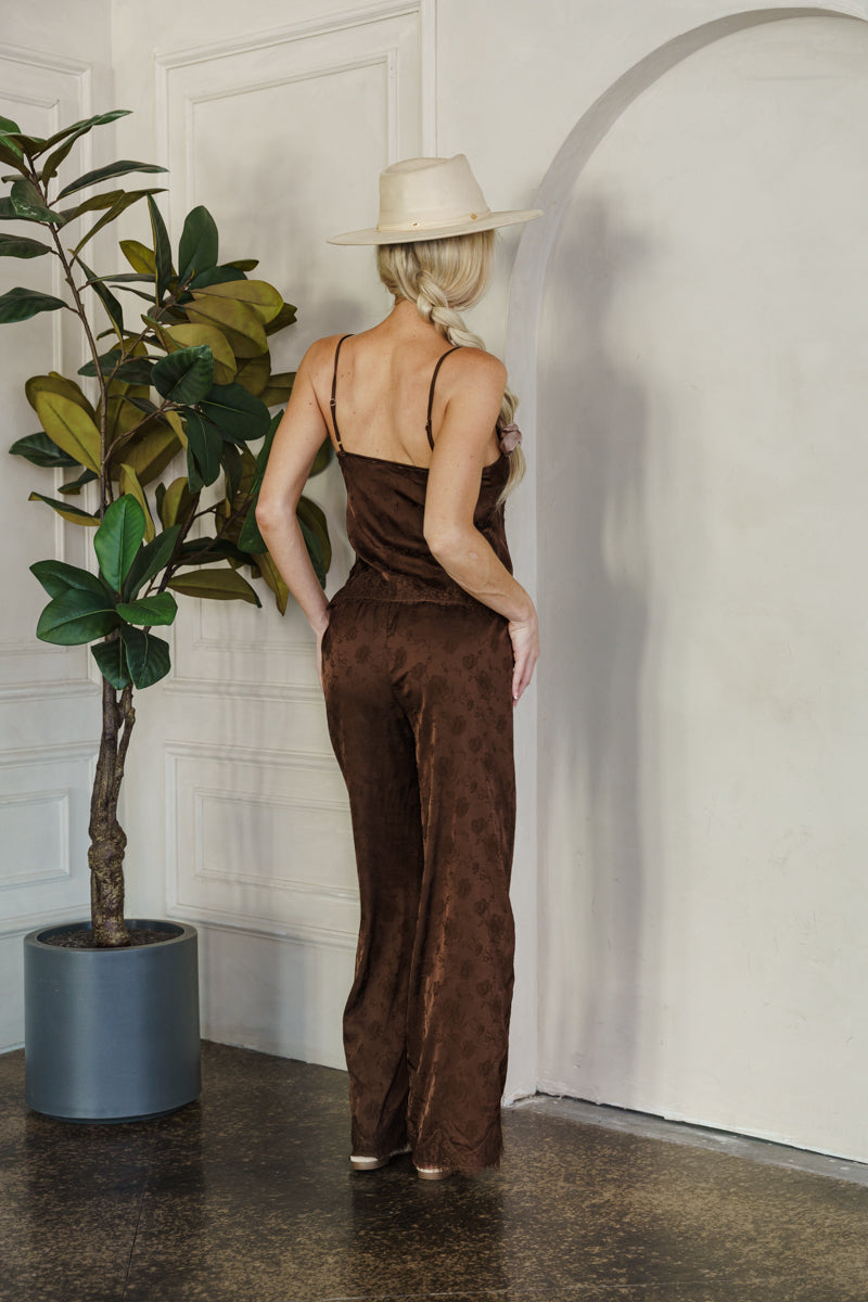 Vanya Sleeveless Lace Trim Satin Cami Top Brown