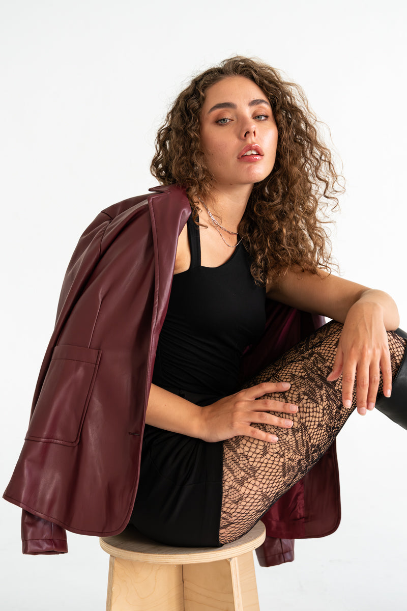 Long Sleeve Vegan Leather Jacket Burgundy