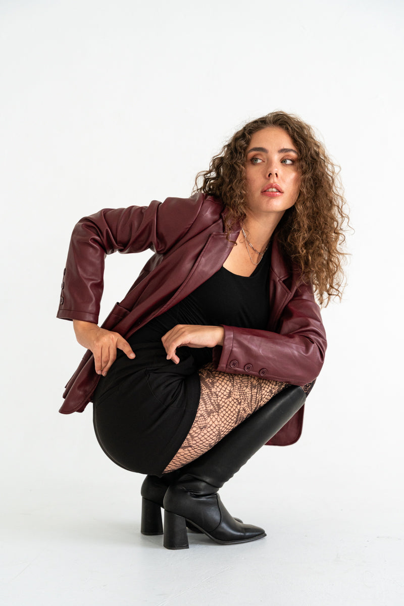 Long Sleeve Vegan Leather Jacket Burgundy
