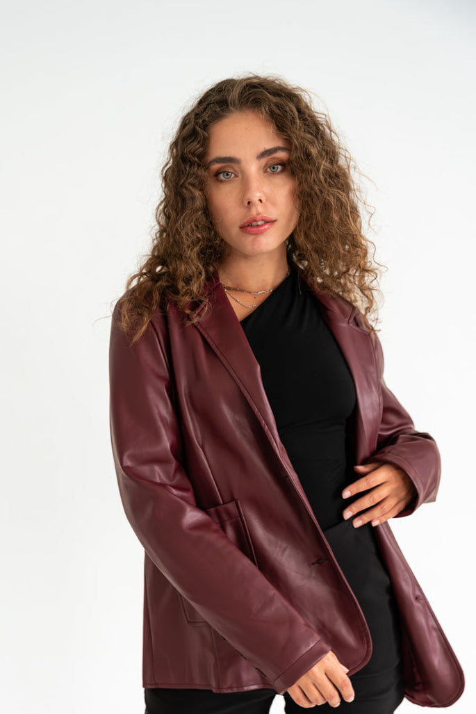 Long Sleeve Vegan Leather Jacket Burgundy