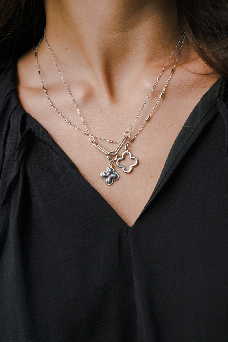 Tilly Double Layered Clover Pendant Necklace Silver
