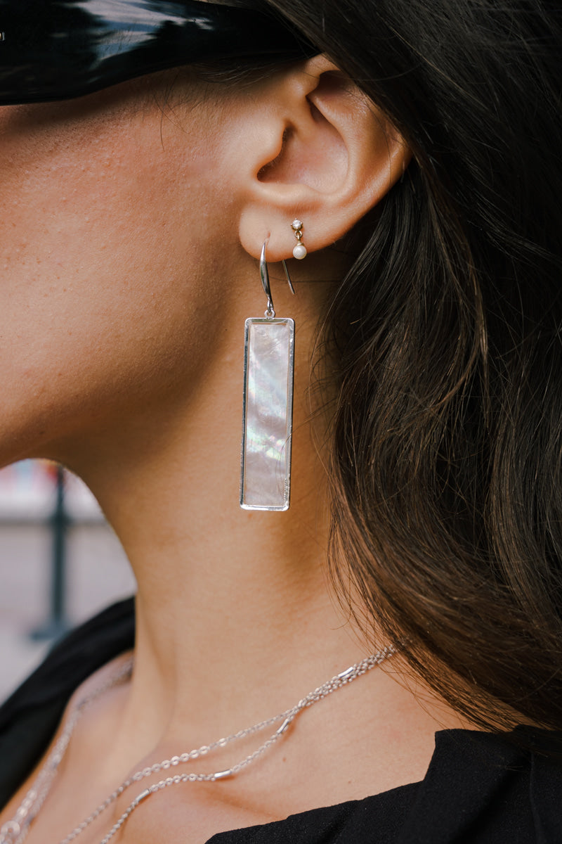 Destiny Rectangle Dangle Drop Abalone Shell Earrings Silver