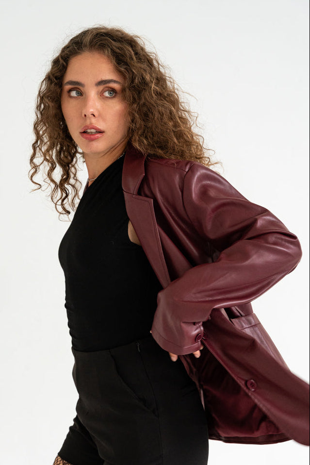 Long Sleeve Vegan Leather Jacket Burgundy