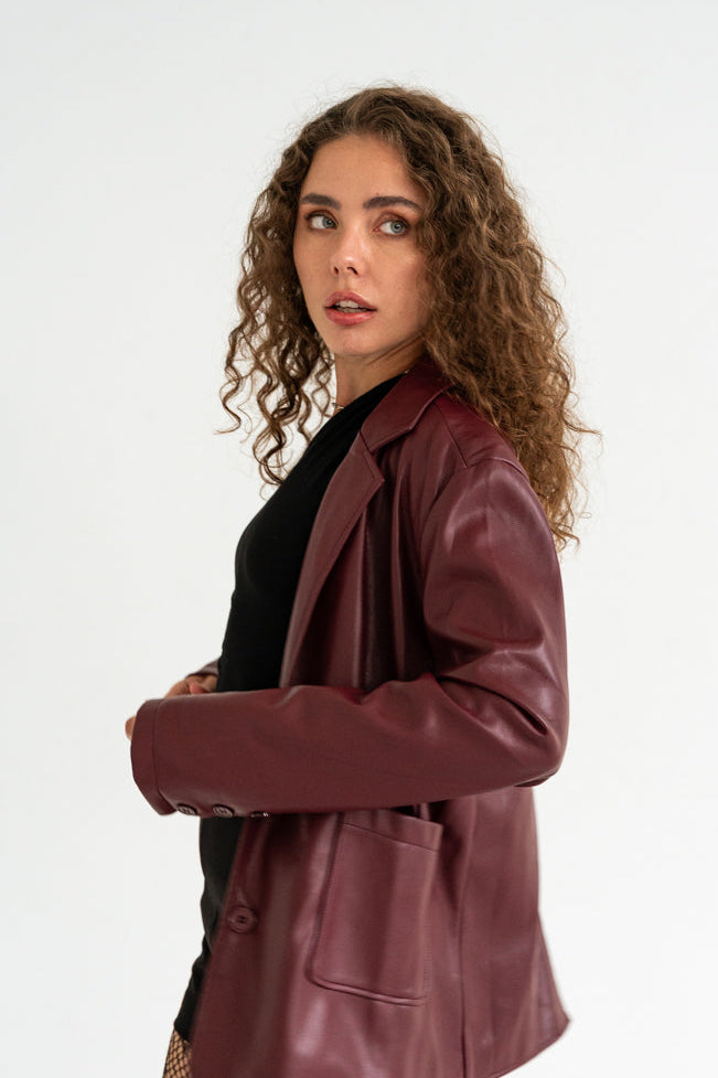 Long Sleeve Vegan Leather Jacket Burgundy