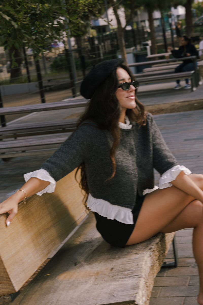 3/4 Sleeve Button Down Contrast Ruffle Knit Cardigan Charcoal