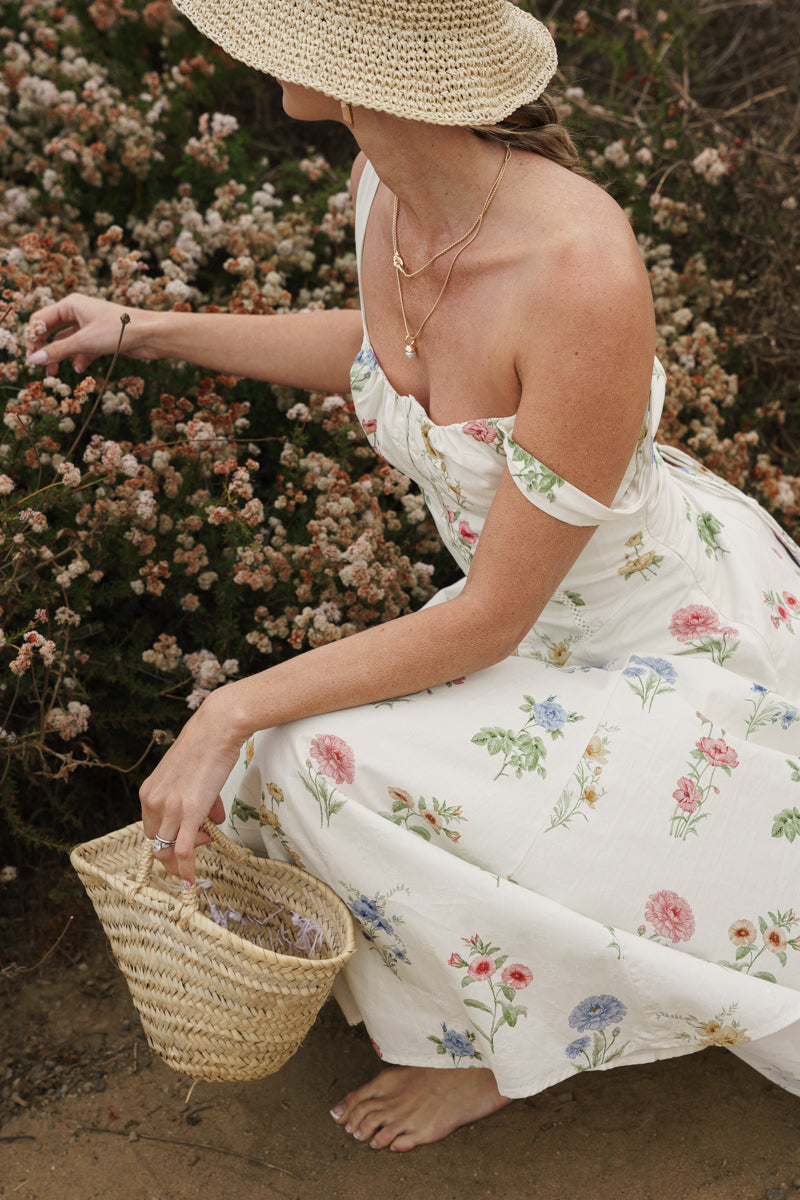 Sleeveless A-Line Floral Print Midi Dress Cream