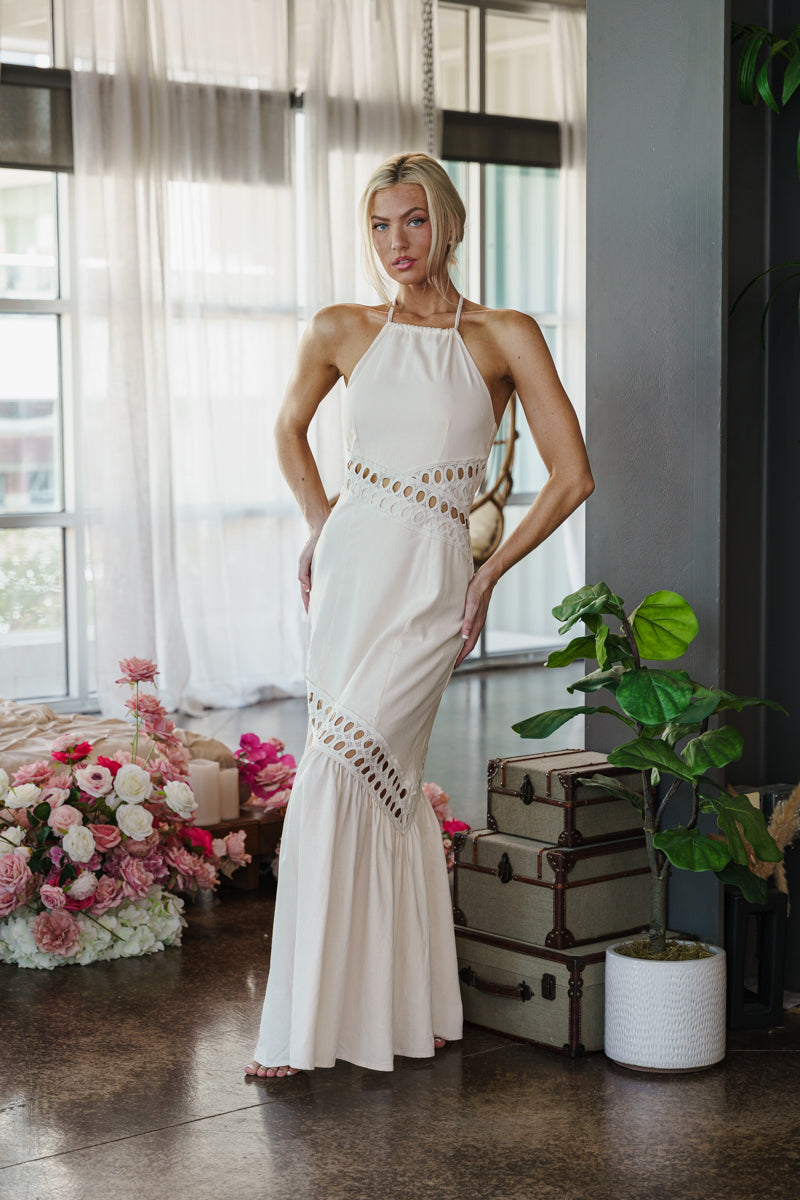 Maxine Sleeveless Sun Kissed Cutwork Lace Maxi Dress Natural