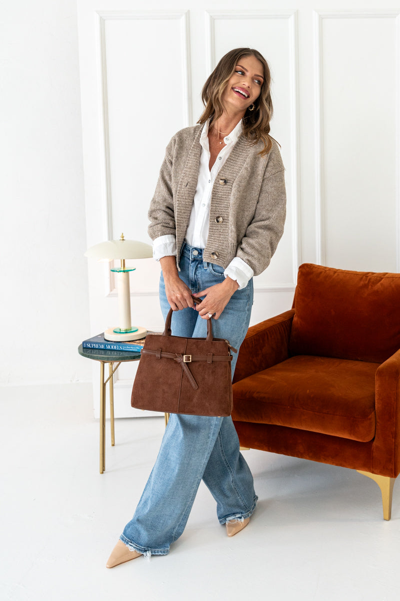  Long Sleeve Button Down Crop Cardigan Taupe