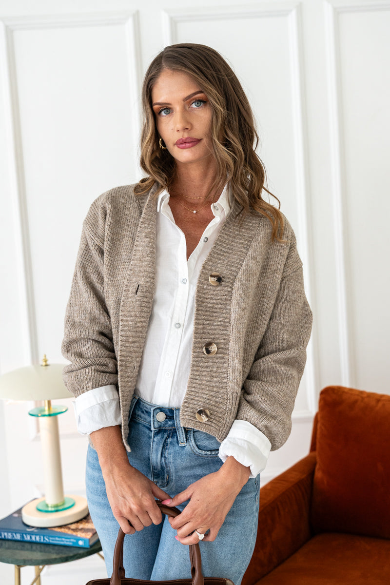  Long Sleeve Button Down Crop Cardigan Taupe