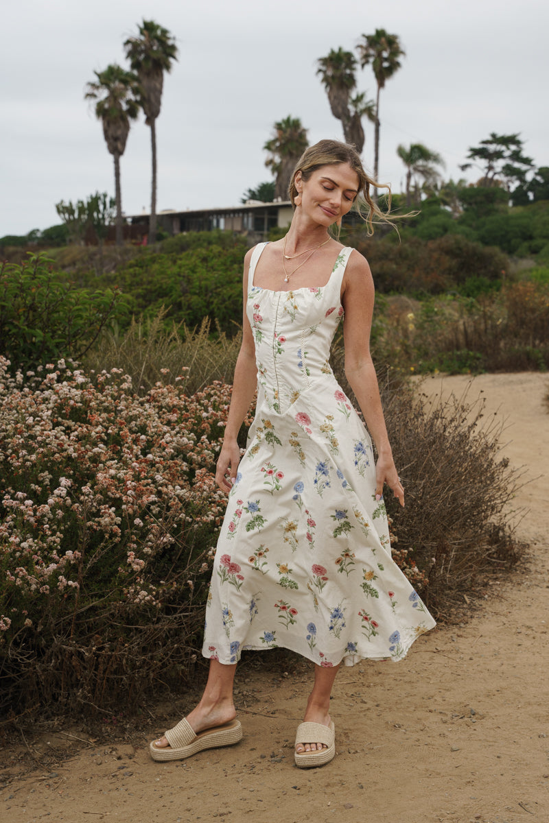 cream a line midi dress Cream A-Line Midi Casual Party Dress with Floral Print Cream Floral Print / Large