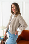  Long Sleeve Button Down Crop Cardigan Taupe