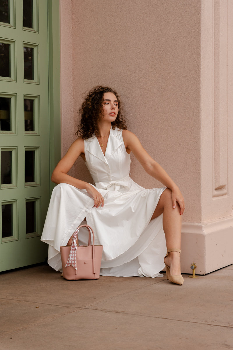 white tie front midi dress Dariana Sleeveless Waist Tie Button Front Midi Dress White SMALL