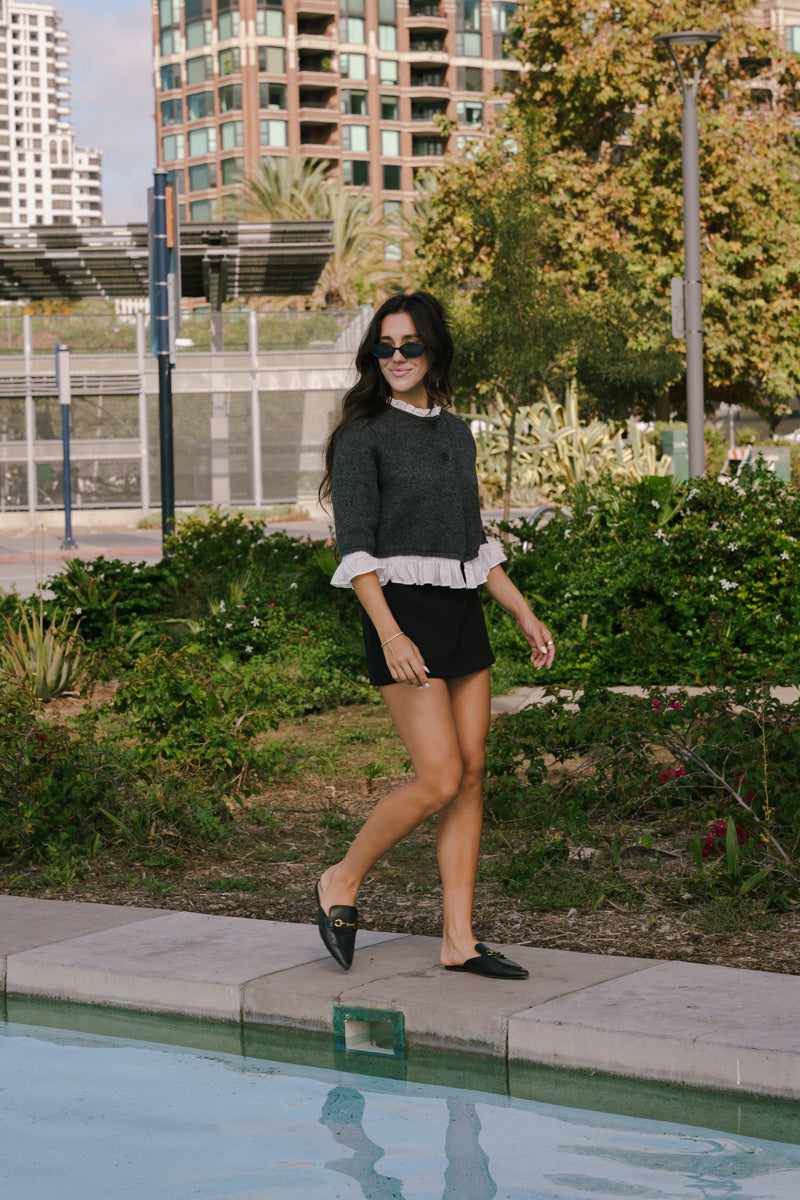 3/4 Sleeve Button Down Contrast Ruffle Knit Cardigan Charcoal
