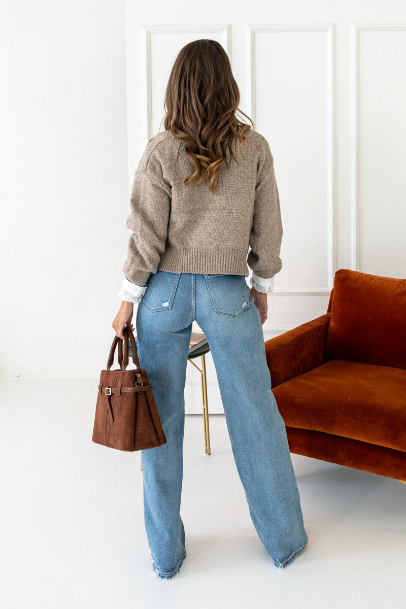  Long Sleeve Button Down Crop Cardigan Taupe