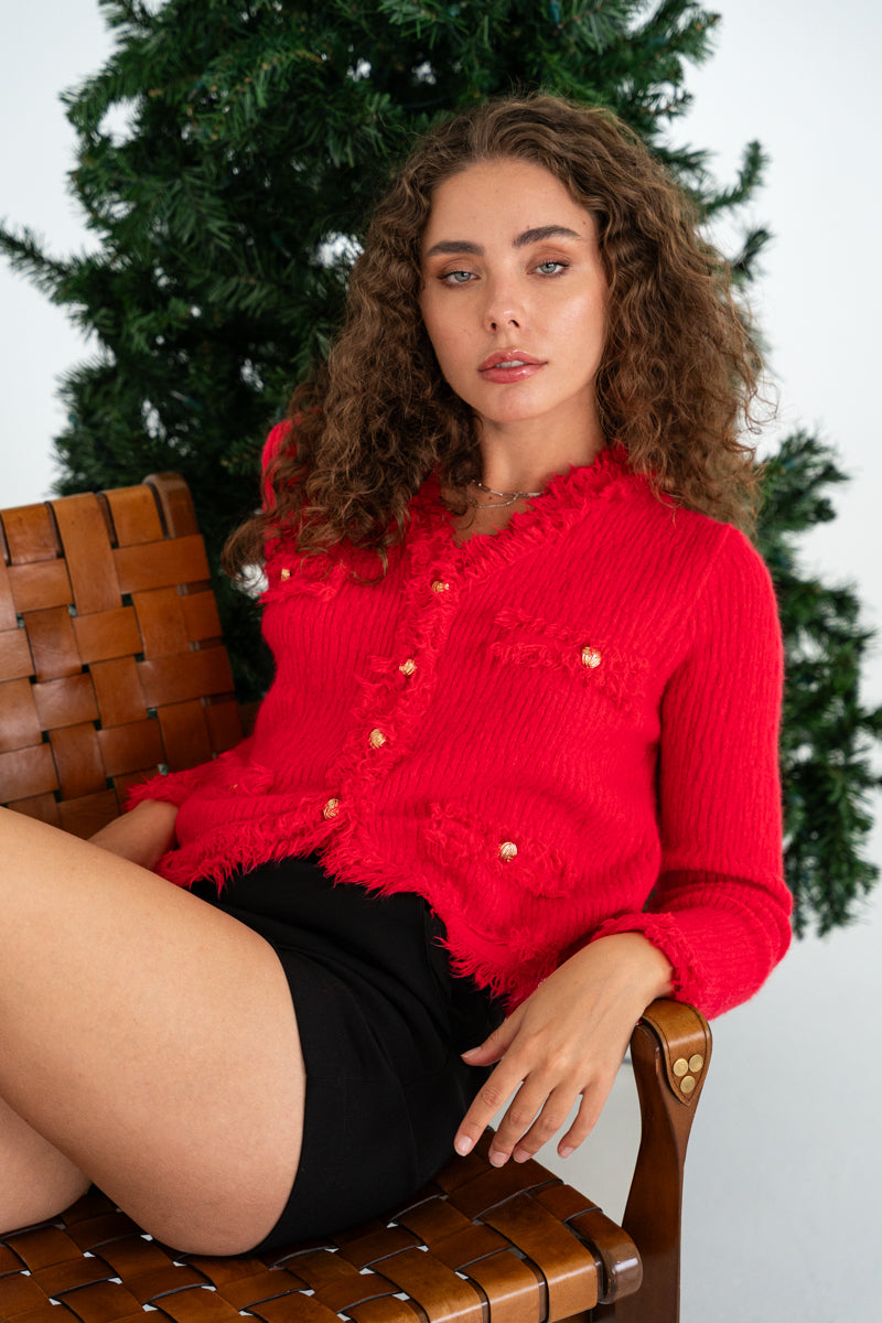  Long Sleeve Button Down Frayed Cardigan Red