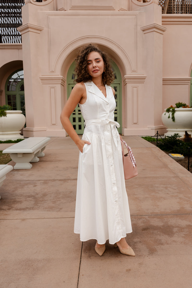 white midi dress with buttons down the front Dariana Sleeveless Waist Tie Button Front Midi Dress White SMALL