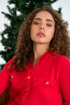  Long Sleeve Button Down Frayed Cardigan Red