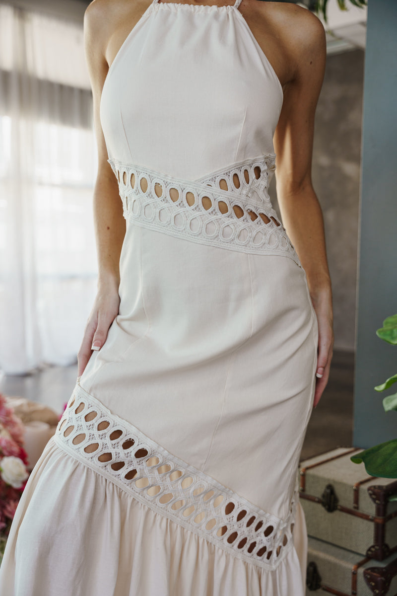 Maxine Sleeveless Sun Kissed Cutwork Lace Maxi Dress Natural