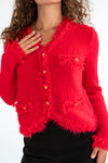  Long Sleeve Button Down Frayed Cardigan Red