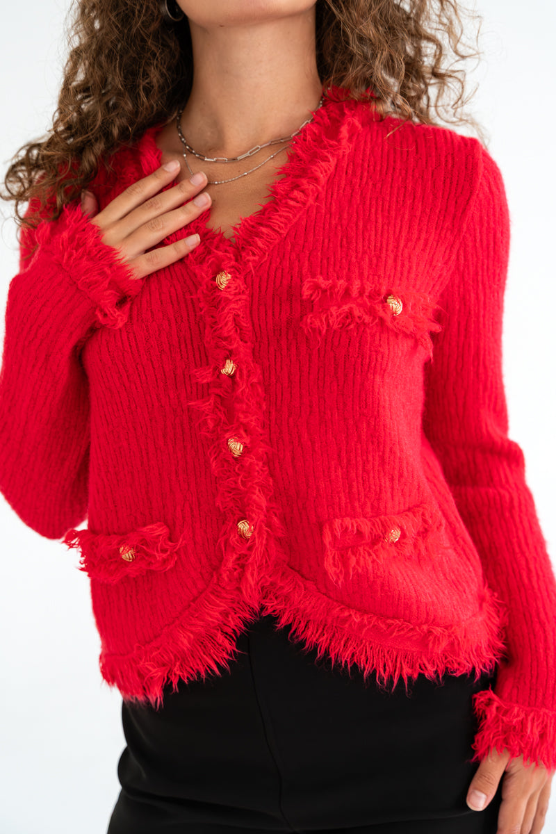  Long Sleeve Button Down Frayed Cardigan Red