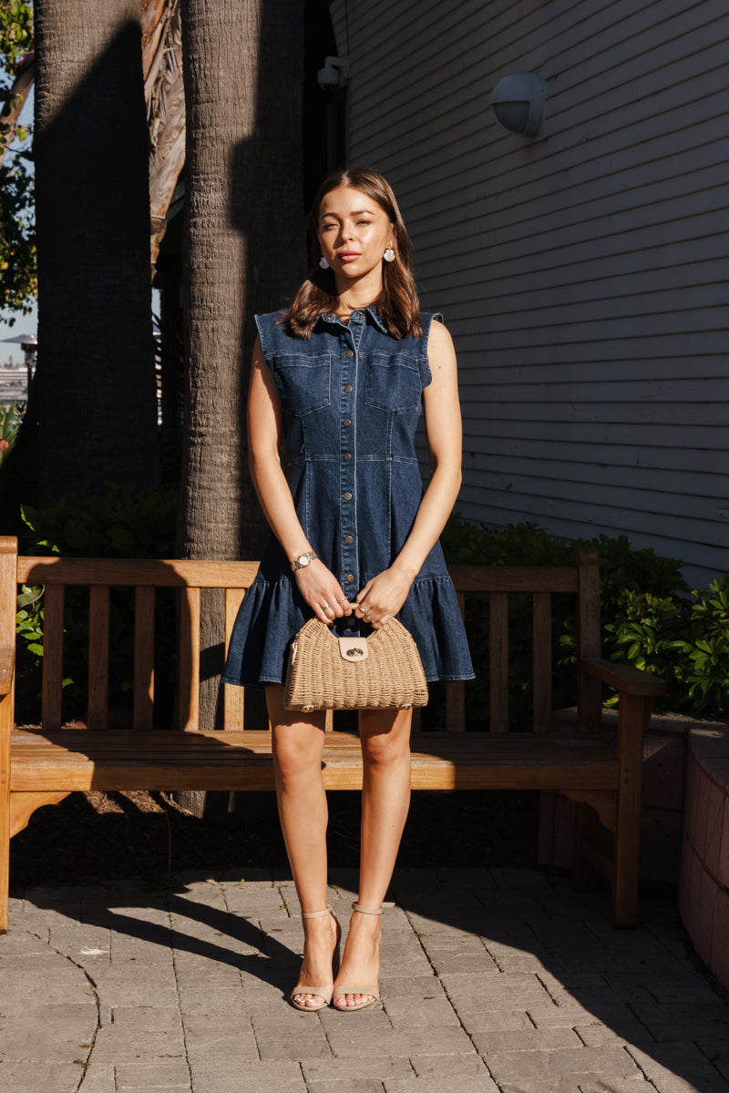 Sleeveless Button Down Denim Mini Dress Medium Wash