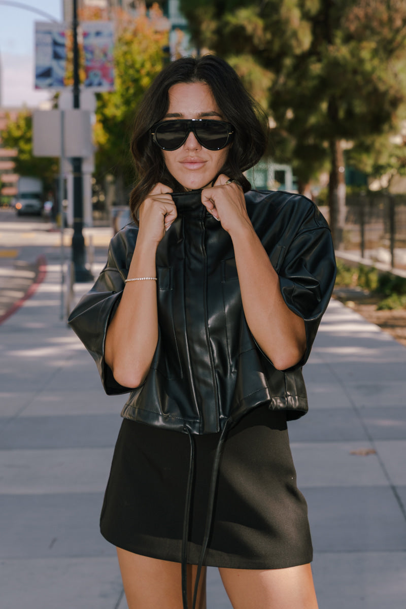 Long Sleeve Zip Up Drawstring Faux Leather Jacket Black