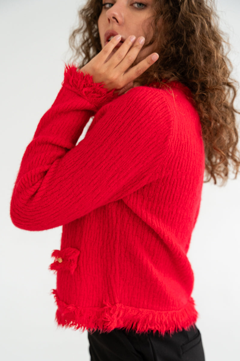  Long Sleeve Button Down Frayed Cardigan Red