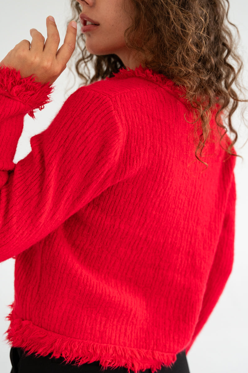  Long Sleeve Button Down Frayed Cardigan Red