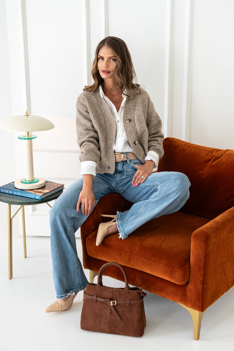  Long Sleeve Button Down Crop Cardigan Taupe