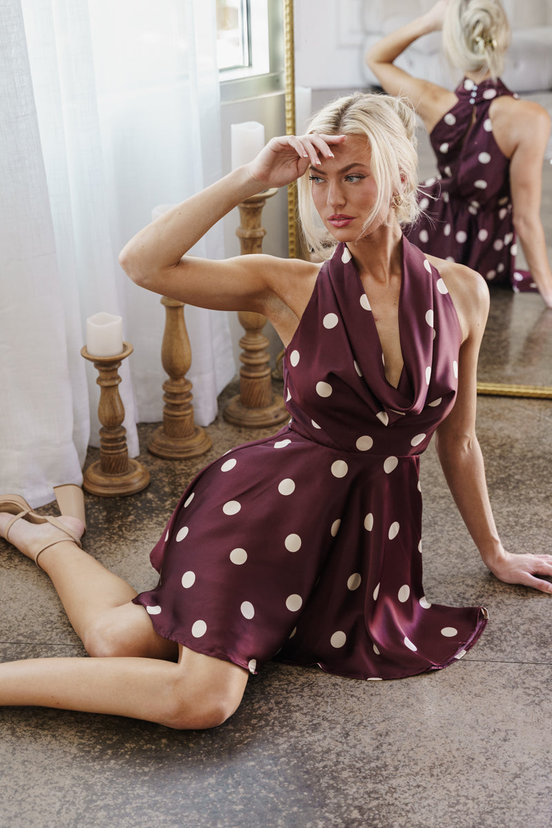 Helen Sleeveless Halter Polka Dot Print Mini Dress Plum