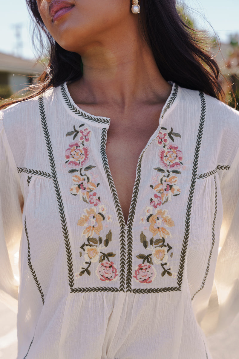  Long Sleeve Embroidered Floral Top Natural