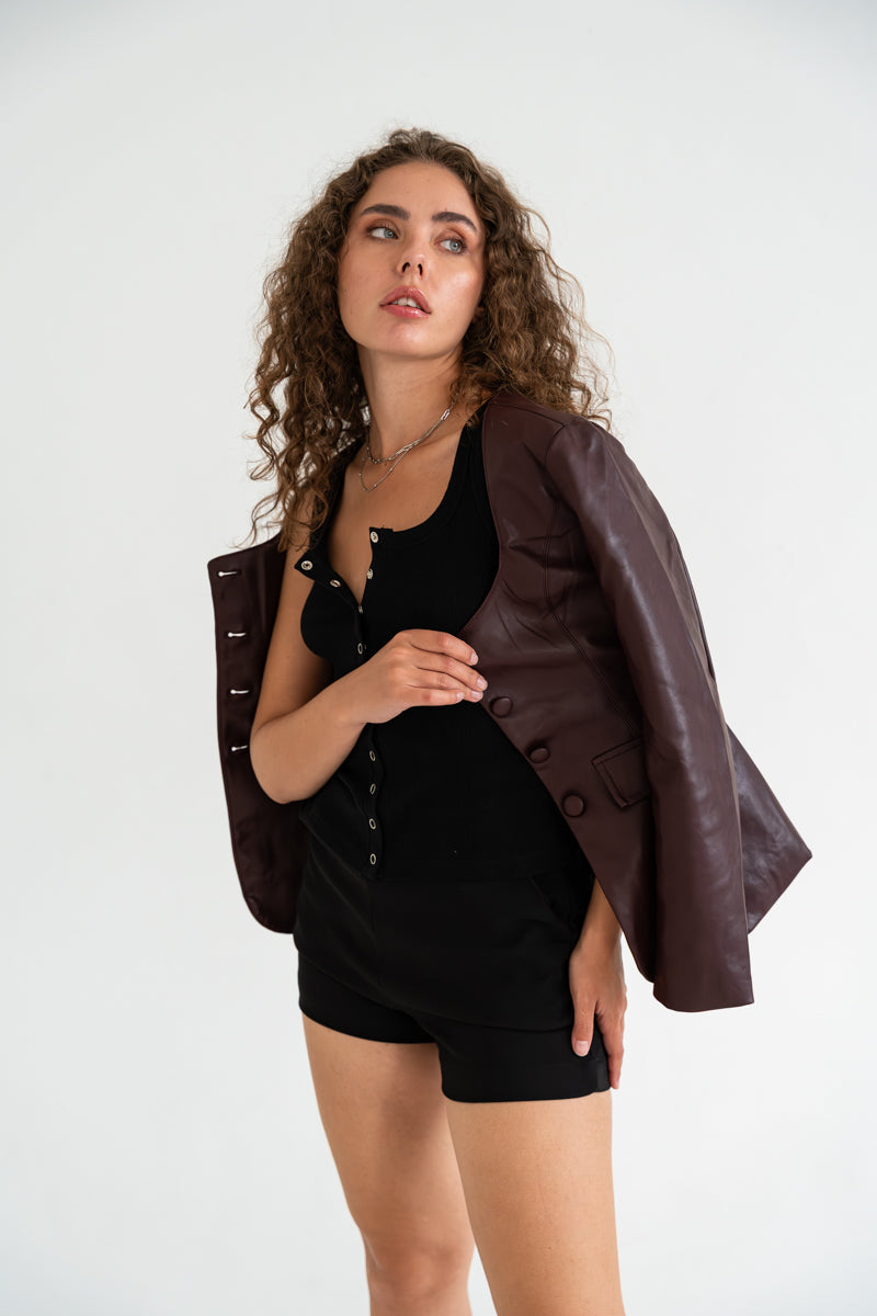 Long Sleeve Vegan Leather Jacket Plum