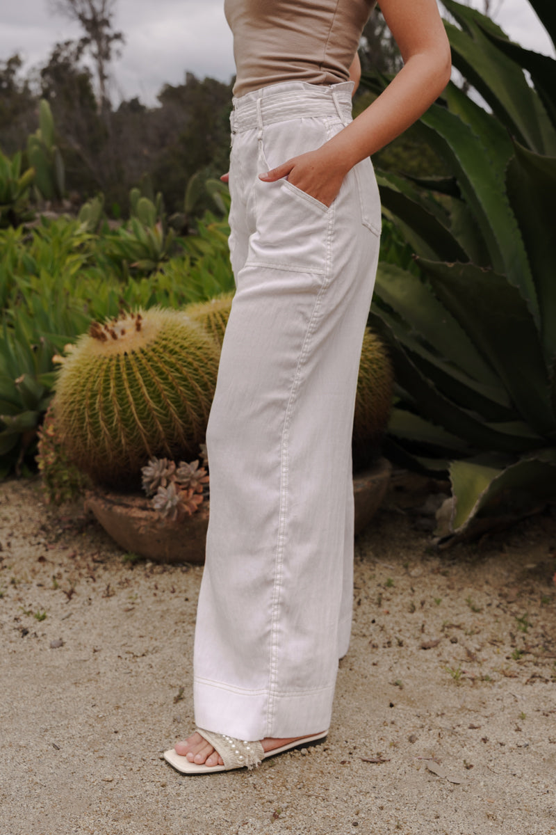 High Waist Belted Contrast Stitch Wide Leg Pants White