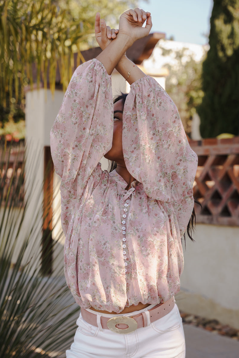 Long Balloon Sleeve Button Down Floral Print Top Mauve