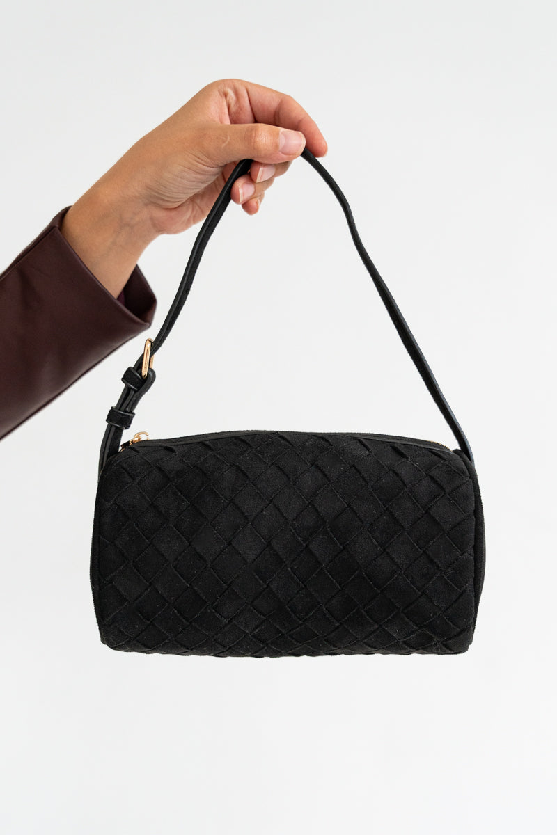 Shoulder Bag Faux Suede Woven Handbag Black