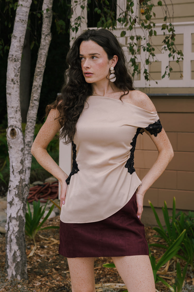 Off The Shoulder Stylish Satin And Lace Top Taupe