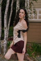 Off The Shoulder Stylish Satin And Lace Top Taupe